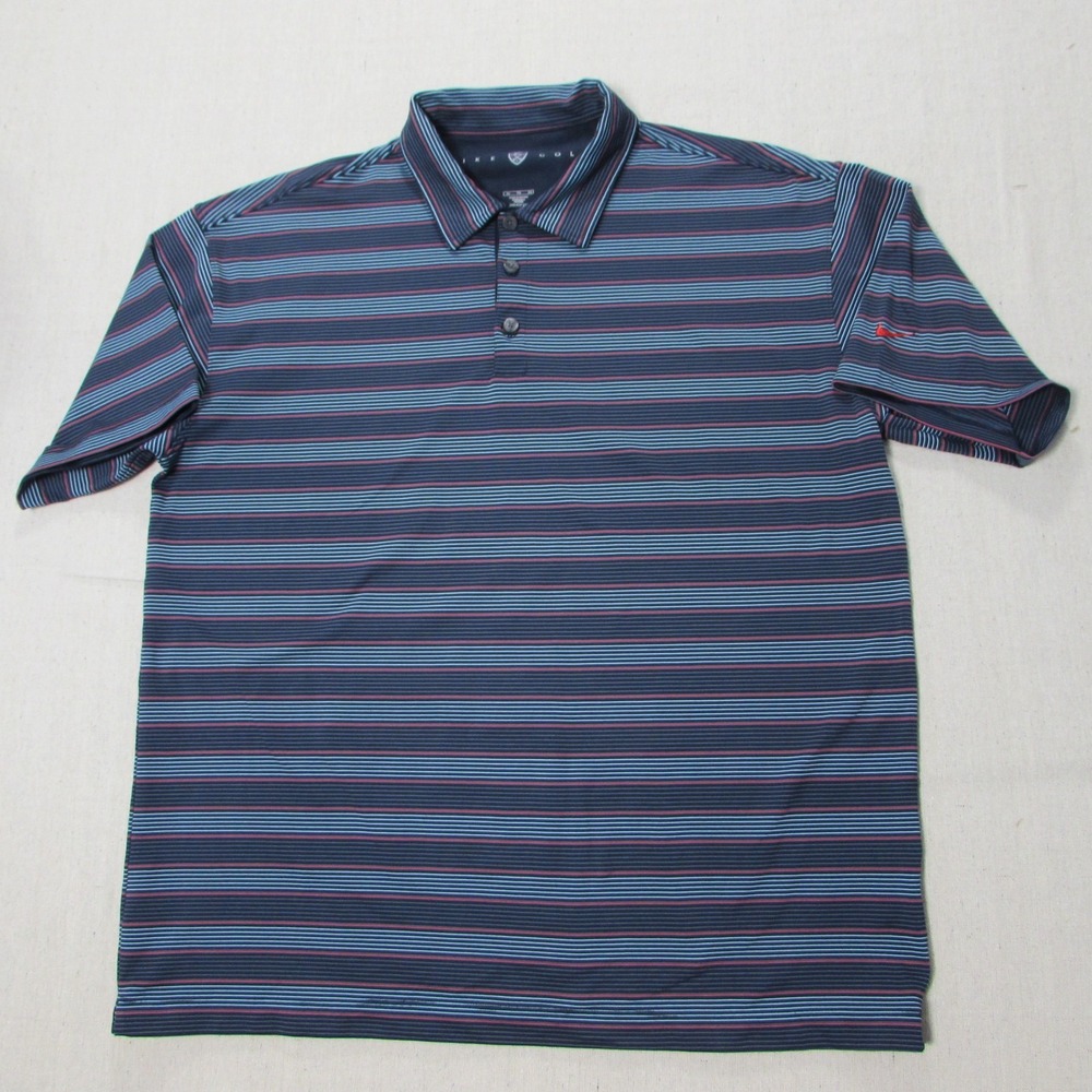 Nike Golf Polo Blue Red Striped Dri-Fit UV Wicking Short Sleeve Polo Men's Sz XL